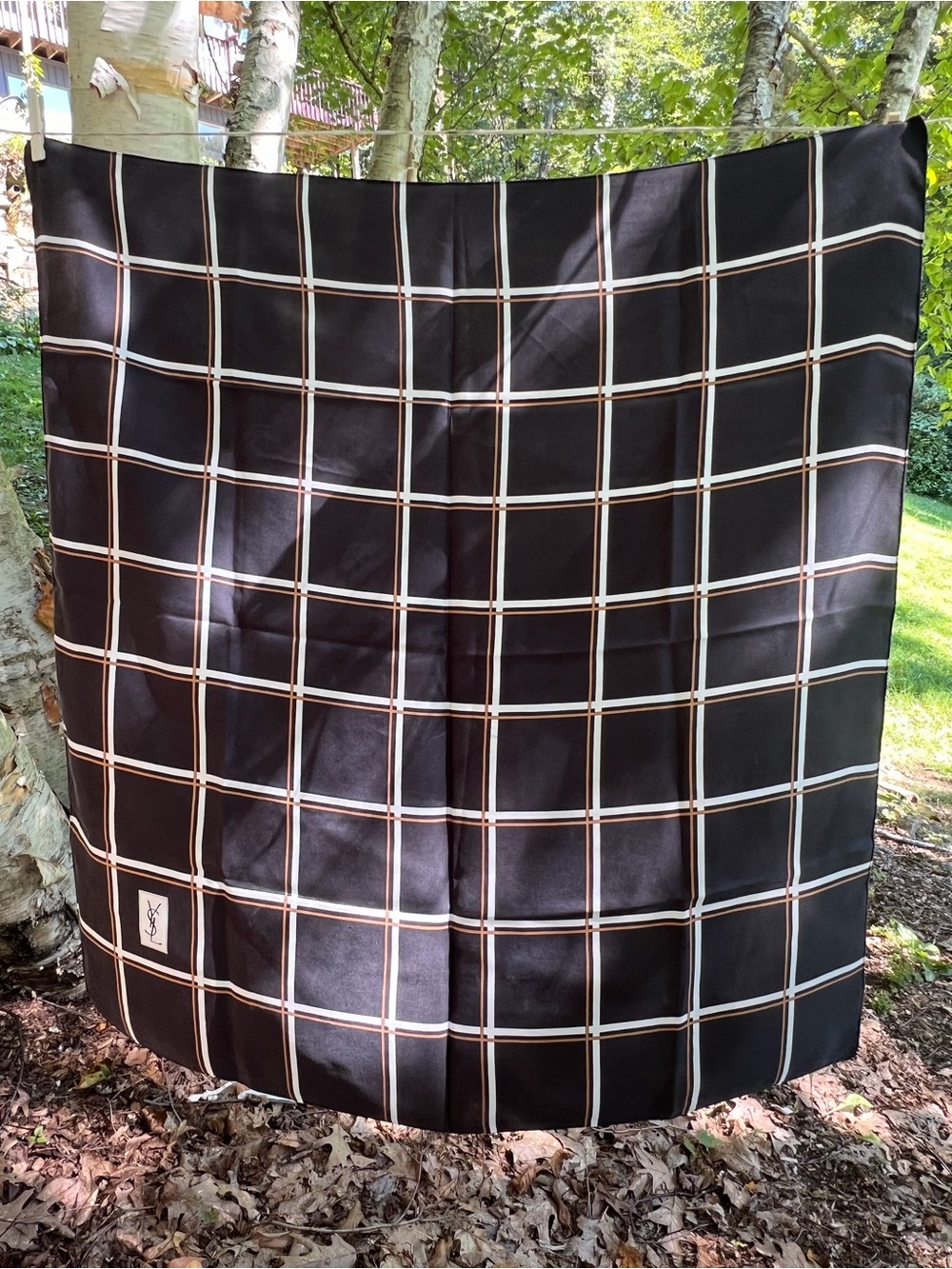 Yves Saint Laurent Black Windowpane Plaid Silk Scarf